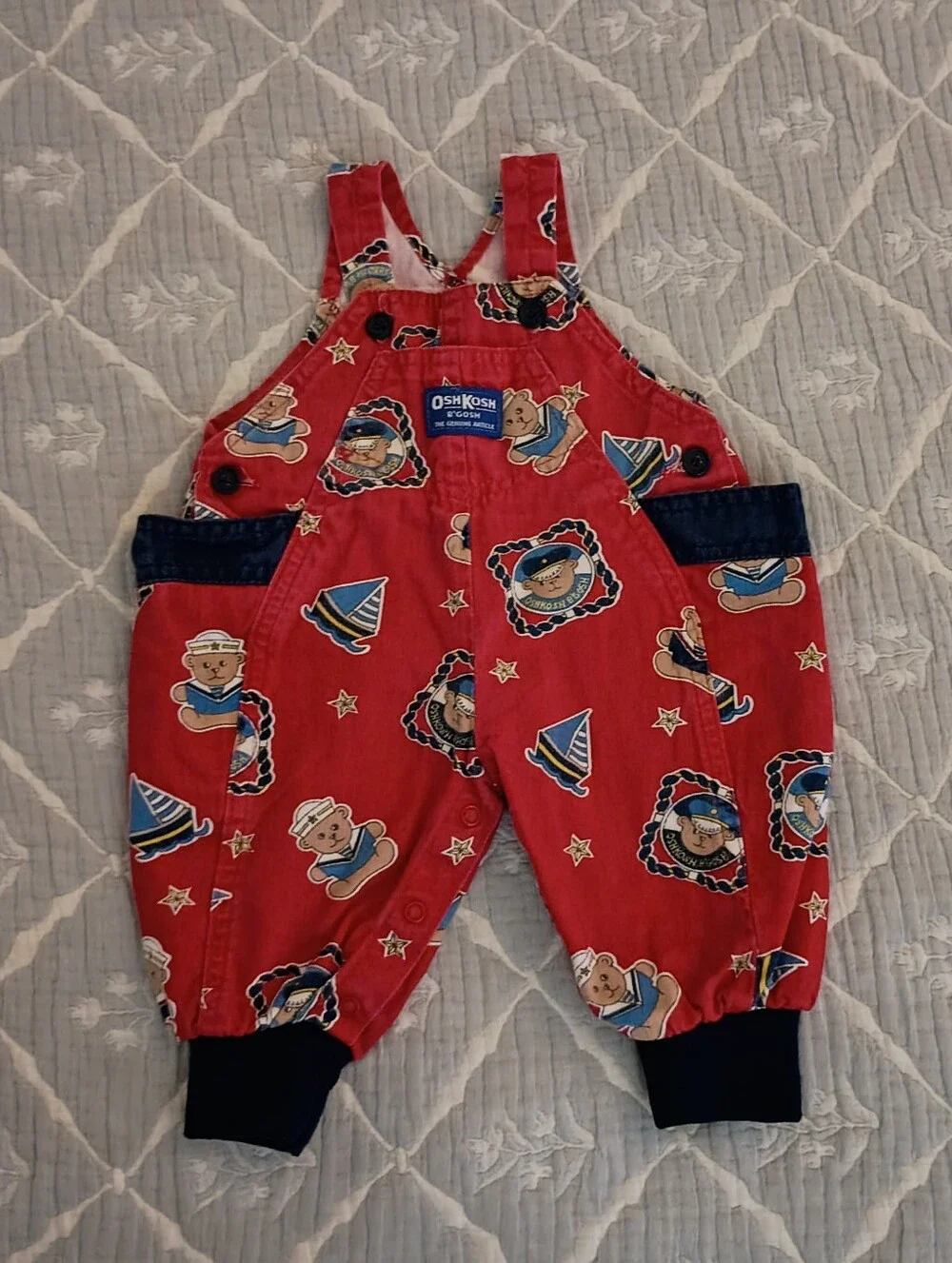 Vintage Oshkosh Red Dinem Overalls Teddy Bear Sailor/Sailboats 3-6 Months Cotton